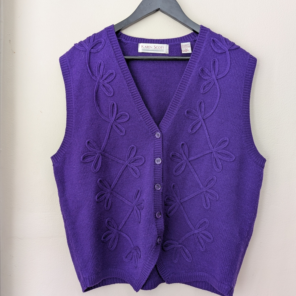 '90s Vintage Purple Embroidered V-Neck Button Vest | Women's Large | Maximalist